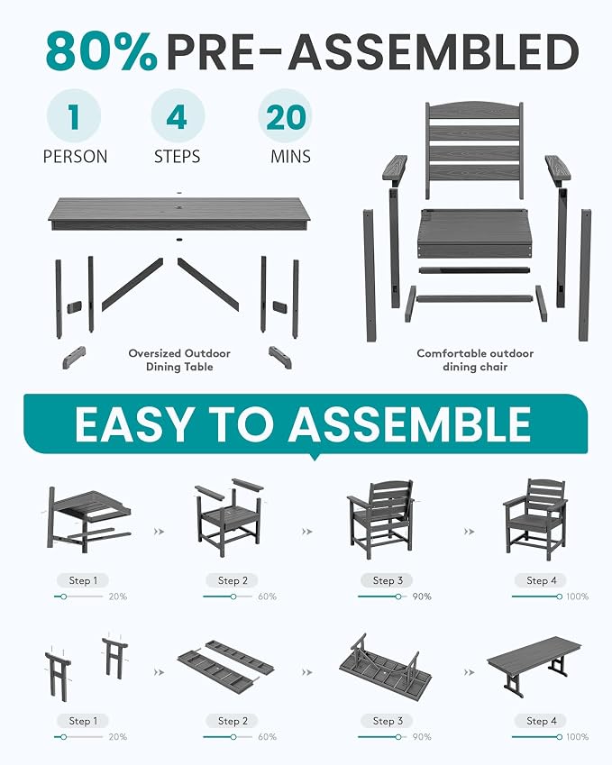 SERWALL 10 Piece Outdoor Dining Set with 15ft Triple-Head Foldable Umbrella(Based not Included), 84" HDPE Outdoor Table and Chairs for 8, Gray