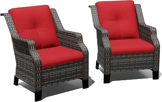 Outdoor Patio Chairs Set of 2, Wicker Patio Furniture with Thick Cushions, Curved Armrest, Deep Seating, Rattan Outdoor Chairs for Porch, Deck, Balcony