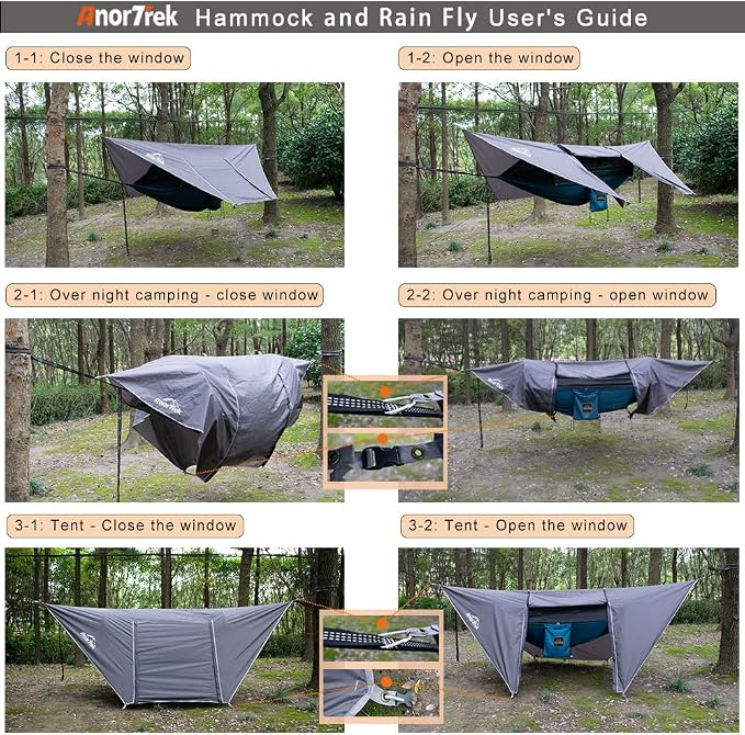 AnorTrek Camping Hammock with Mosquito Net and Rain Fly Tarp, Portable Double Hammock with Two Tree Straps, 230T Nylon Hammock and Waterproof Rain Fly Set for Hiking, Backpacking, Overnight (Blue)
