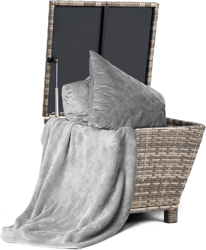 Outdoor Wicker Side Table with Storage, All-Weather Rattan Side Table, 13-Gallon Capacity, Water-Resistant Wicker Patio Table, for Outdoor Patio, Porch, Garden, Grey