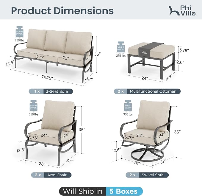 PHI VILLA 7 PCS Patio Furniture Set,Metal Outdoor Furniture with 1x 3 Seater Cushioned Deep Seating Bench Sofa, 2 Swivel Chair, 2 x Leg Chairs & 2 Ottoman,Outdoor Seating for 7 Person