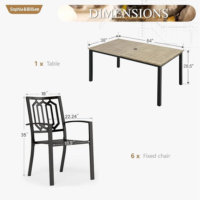 Sophia & William 7 Piece Outdoor Table and Chairs Patio Dining Set Metal Patio Table Furniture Set with Large Rectangular Dining Table for 6 Person and Stackable Outdoor Chairs Support 300LBS (Balck)