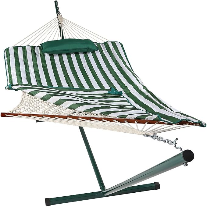 Sunnydaze Rope Double Hammock with Stand for Outside - Heavy Duty Freestanding Portable Outdoor Hammock Set with Quilted Pad, Pillow, and 12-Foot Steel Frame - 450 lb Capacity - Green & White Stripe