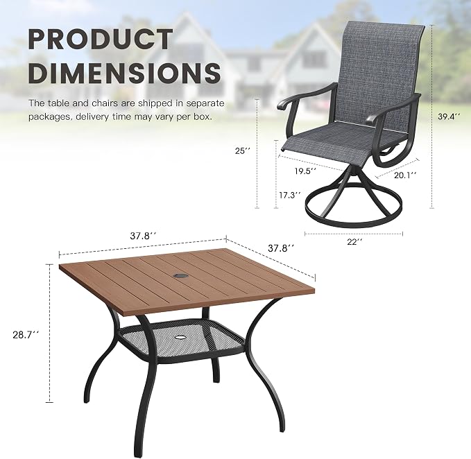 Outdoor Dining Set for 4, 37.8" Metal Outdoor Dining Table with Umbrella Hole and Sling Patio Swivel Chairs, 5 Pieces Patio Table and Chairs Set for Garden Backyard, Charcoal and Walnut