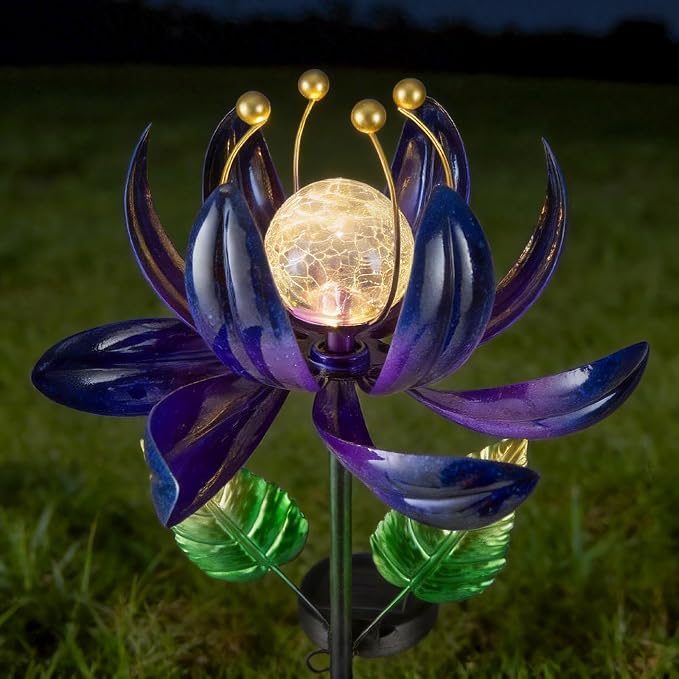 AIINY Solar Purple Metal Flower Wind Spinners, Colorful Spinning Windmill Lotus Yard Art Lights with LED Crystal Ball Decorative Stake Lighting Flower Sculpture