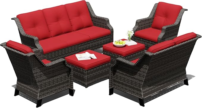 Outdoor Patio Furniture Set, 6 Piece Wicker Patio Furniture with Thick Cushions, Curved Armrest, Deep Seating, Rattan Outdoor Chairs for Porch, Deck, Balcony
