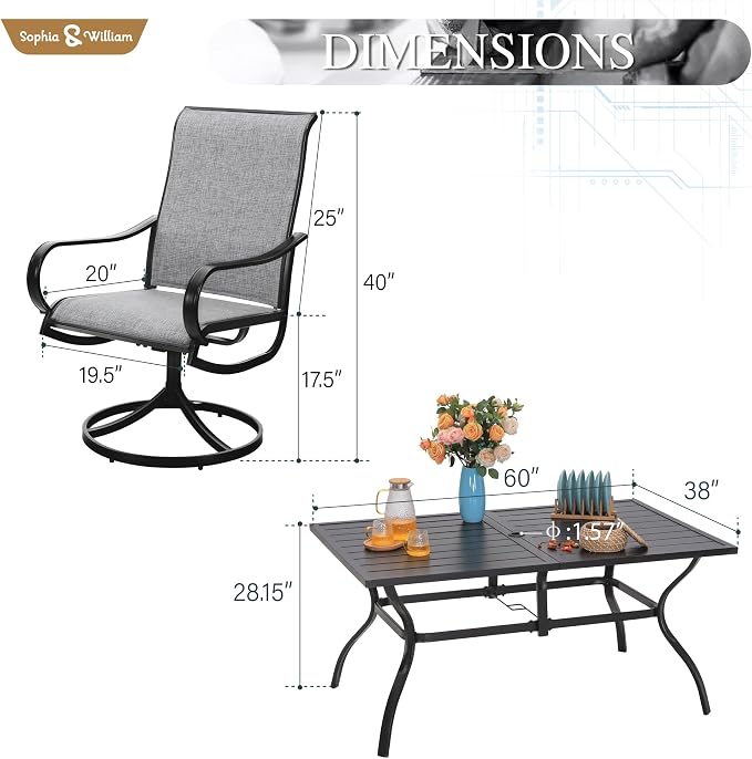 Sophia & William Outdoor Dining Set for 6 Patio Dining Sets 7 Pieces Outdoor Table and Chairs Set with Swivel Patio Chairs 60"x 38" Metal Table for Garden Pool All Weather (Grey)