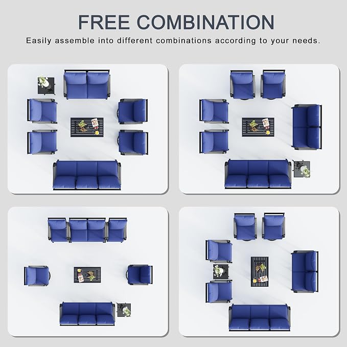 8 Pieces Patio Furniture Set, Metal Outdoor Conversation Sets with Swivel Chairs, Modern Couch Sofa Seating Group with Coffee Table and Side Table (Thick Blue Cushions)