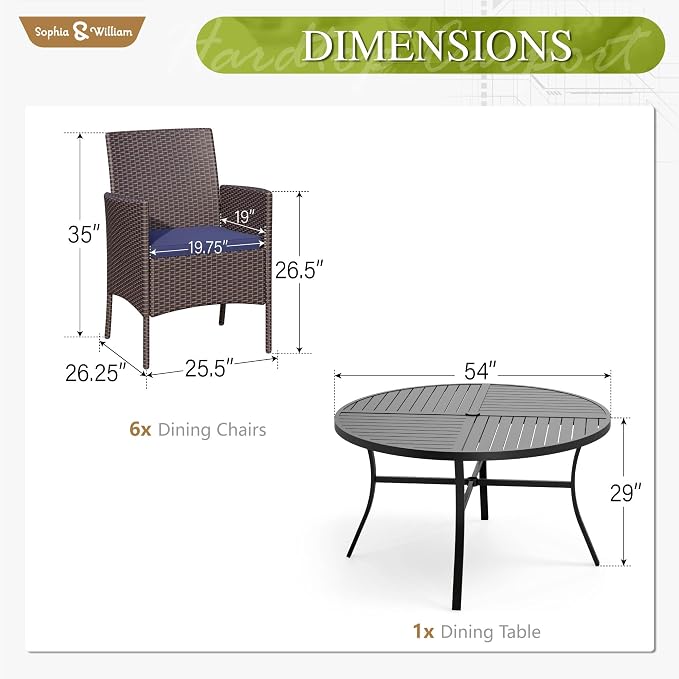 Sophia & William 7-Piece Patio Dining Set, Round Table, PE Wicker Chairs | All Weather Patio Table and Chairs Set for 6, Perfect for backyard, deck, porch