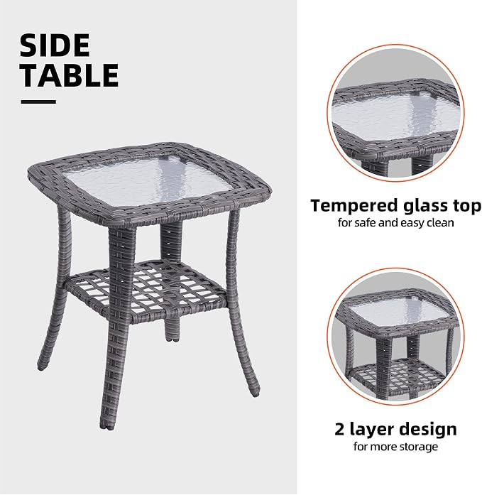 HOOOWOOO Outdoor Patio Side Table with 2 Layers,Wicker Coffee End Table Glass Top,Deck Table for Yard,Deck,Porch,Garden(Grey)