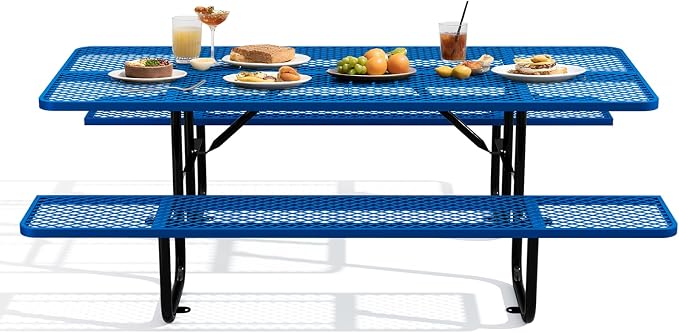 72 Inch Heavy Duty Picnic Table for Outdoors, Rectangular Camping Table with Benches and 1.78" Umbrella Hole, Commercial Grade Steel Frame, 2200 lbs Load Capacity, Blue