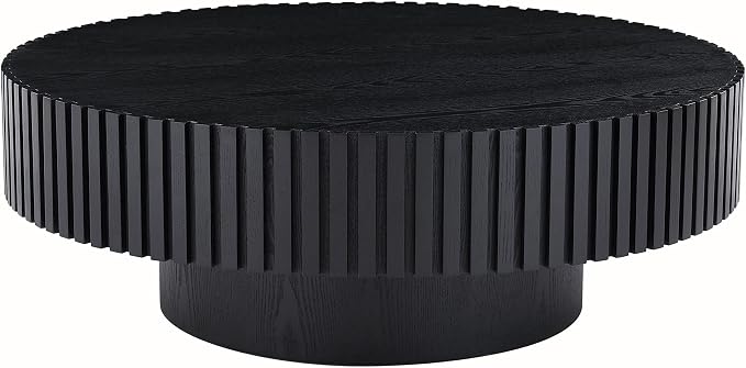 Round Coffee Table, Natural Wood, Modern Style, Slatted Base Design, Living Room Table (Black, 31.49)