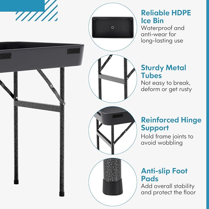 4 Foot Ice Tables for Parties with Drain, Ice Cooler Folding Table with Removable Matching Skirt, Party Ice Bin Table, Cooler Table Outdoor, Ice Table for BBQ, Camping & Picnic, Black
