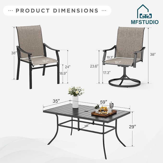 MFSTUDIO Outdoor Patio Dining Set for 6, Outdoor Patio Set with 60"x 35" Metal Table, 4 Fixed and 2 Swivel Patio Chairs, Heavy Duty Outdoor Dining Table and Chairs for Patio Lawn