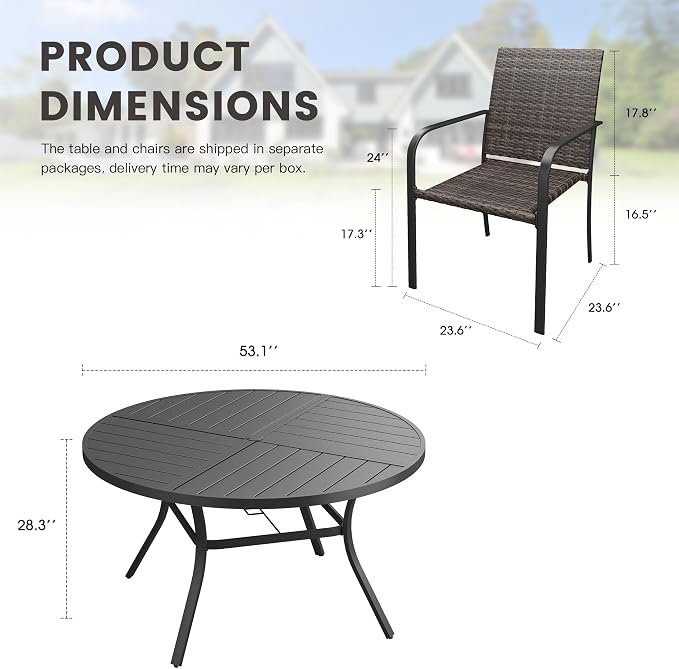 Outdoor Dining Set for 8, 53" Metal Round Outdoor Dining Table with Umbrella Hole and Wicker Stackable Patio Chairs, 9 Pieces Patio Table and Chairs Set for Garden Backyard, Black