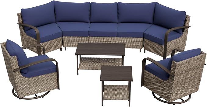 COOS BAY Aurora Terrace 7 Piece Outdoor Sectional Furniture Set, Half Moon Rattan Wicker Conversation Set with Swivel Chairs, 5 Seat Sofa, Coffee & Side Table for Patio Garden Yard, Beige/Blue