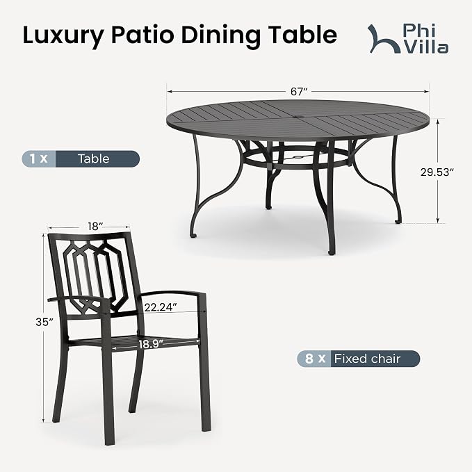 PHI VILLA 9 Pcs Outdoor Dining Set, 67" Round Table w/Umbrella Hole | Metal Round Table&Stackable Wrought Iron Chairs, All Weather Large Furniture Set for Patio, Deck, Backyard, Porch