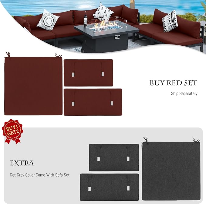 BULEXYARD 7 Person Modern Aluminum Outdoor Patio Furniture Set with Chaise & Firepit Table, 29 inch Wide Deep Seat, All Weather Modular Sectional Couch, Oversized Conversation Set for Garden Deck, Red