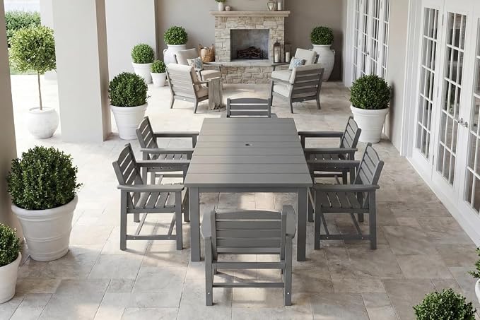 Perli™ 7-Piece Outdoor Dining Set, All-Weather HDPE Patio Furniture with 6 Ergonomic Chairs & Large Table, Built-in Umbrella Hole, UV-Resistant Set for Backyard, Deck, Poolside, Grey