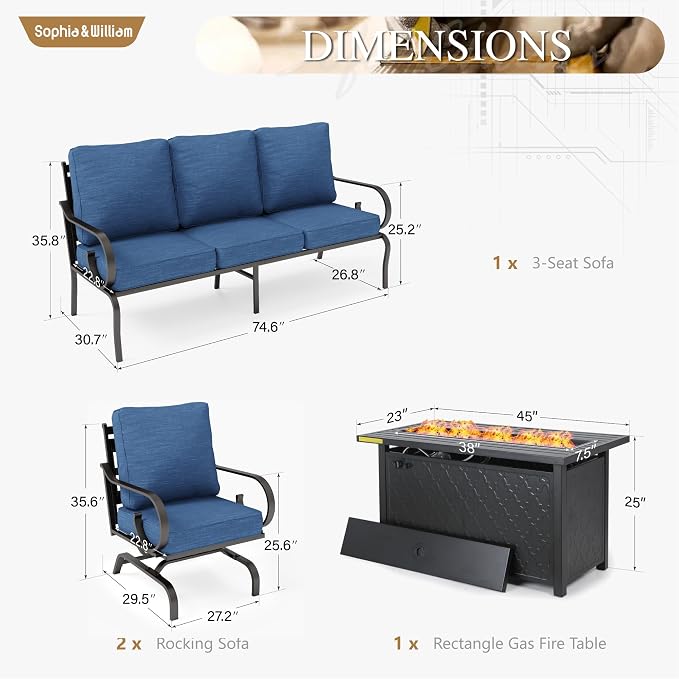Sophia & William Patio Conversation Set for 5, 3-Seater Sofa, 2 Rocking Chairs and a 45" Fire Pit Table, Metal Outdoor Furniture with 5.75" Extra Thick Cushions, Navy