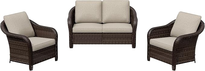 3 Pieces Outdoor Patio Conversation Set, 55" Couch, 2 Chairs, Rattan Wicker Conversation Furniture with Removable Cushions for Bistro, Deck (Beige)