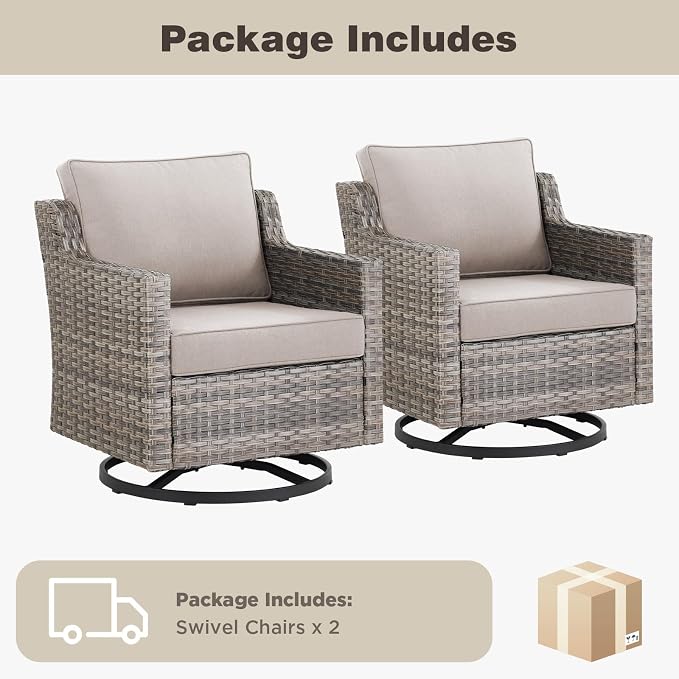 Belord Patio Wicker Swivel Rocker Patio Chairs, Outdoor Rattan Chairs for Deck Porch Garden, 2 Piece Luxury Patio Furniture Set, Beige