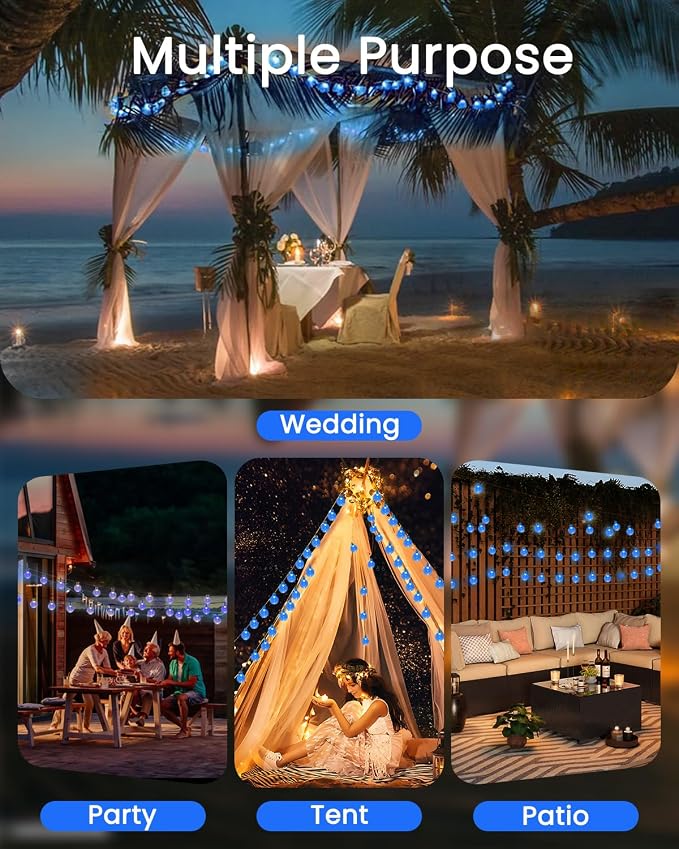 Solar String Lights Outdoor Waterproof 2 Pack 120 LED 72FT Patio Lights | Blue Crystal Globe, 8 Lighting Modes, Auto On/Off, Solar Powered String Light for Outside Yard Wedding Party Tree Decorations