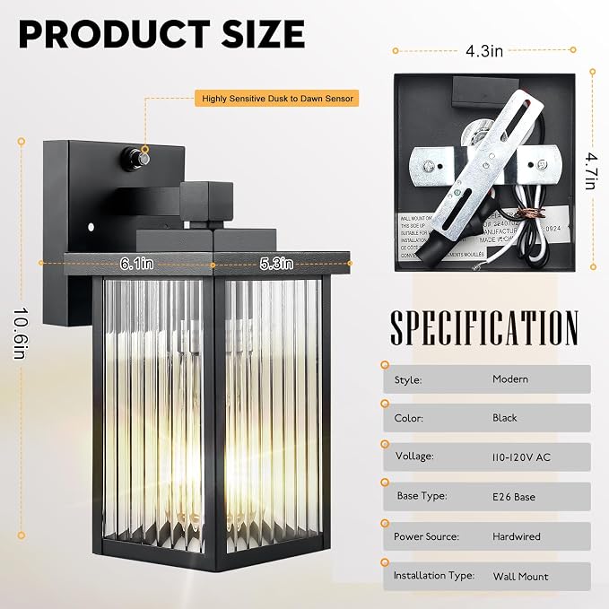 2 Pack Black Dusk to Dawn Outdoor Wall Light, All-Metal Frame | Auto On/Off, Rust-Resistant,Tempered Glass, Easy DIY Install on Porch, Garage