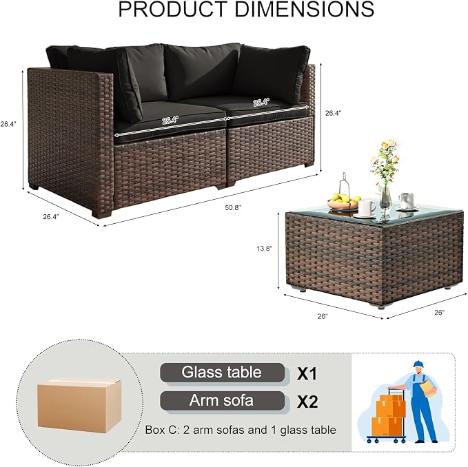 3 Pieces Patio Furniture Set with Glass Table, Outdoor PE Rattan Sectional Sofa with Soft Cushions for Backyard, Porch, and Poolside (Black, 3 PCS w/Table)