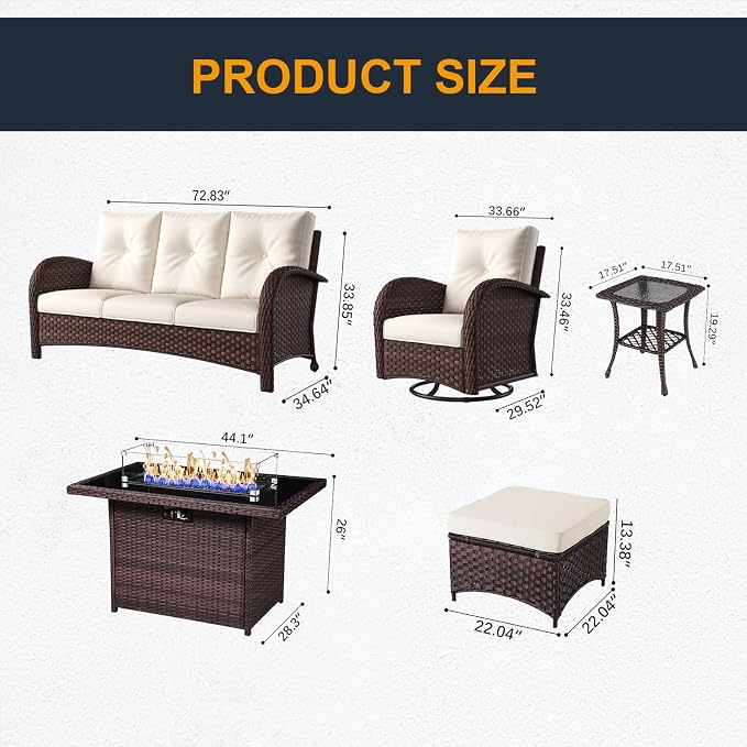 7 Pieces Outdoor Wicker Patio Swivel Rocking Chairs, All Weather Wicker Conversation Set with 44" Fire Pit Table