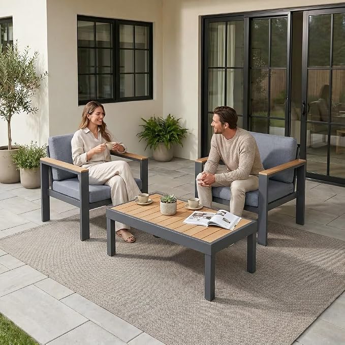 Outdoor Patio Furniture Set, 3-Piece Aluminum Conversation Set with 2 Chairs and Coffee Table, 5-Inch Water-Resistant Cushions, Powder-Coated Frame for Porch, Deck, Backyard, Gray