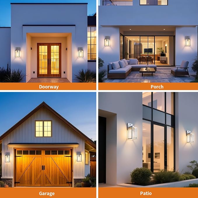 2 Pack Silver Dusk to Dawn Exterior Lighting Fixtures Wall Mount, Sensor Outside Front Porch Lights for House, Outdoor Lantern Lamp, Waterproof Wall Sconce Lights, Coach Light for Garage Entryway