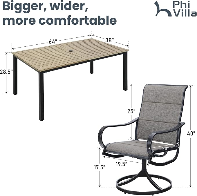 PHI VILLA Patio Dining Set for 6, Padded Textilene Swivel Dining Chairs & Brown Metal Slat Table Top with 1.6" Umbrella Hole, Rustproof Waterproof for All Weather,Outdoor Dining Set for Garden Yard