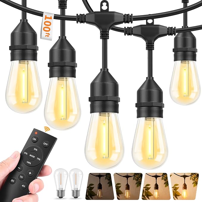 Hotsonic Remote Control Outdoor String Lights Waterproof, 100FT LED Outside Lights with Shatterproof Bulbs, Dimmable Hanging S14 Lights 3 Modes for Patio Porch Garden Pergola Yard House Party Decors