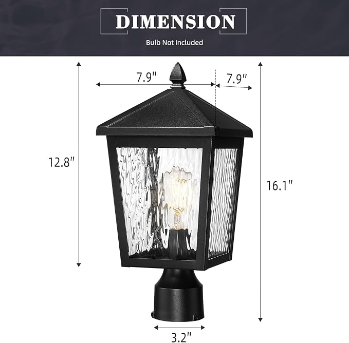 zeyu Large Lamp Post Light Fixture, 16.1 Inch Outdoor Post Lamps for House Garden, Die-Cast Aluminum with Water Ripple Glass, Black Finish, 20076P BK-WP