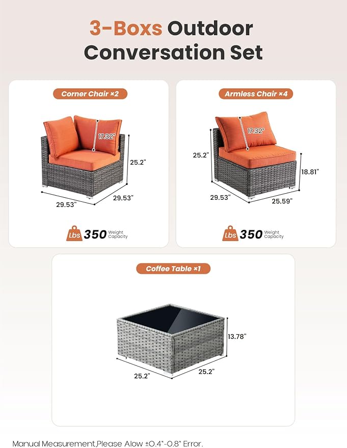 ovios Outdoor 5 Piece Coversation Set with Coffee Table,Sectional Patio Furniture Set with All-Weather Wicker Sofa,Modern Outside Couch for Balcony Backyard Pool, Orange