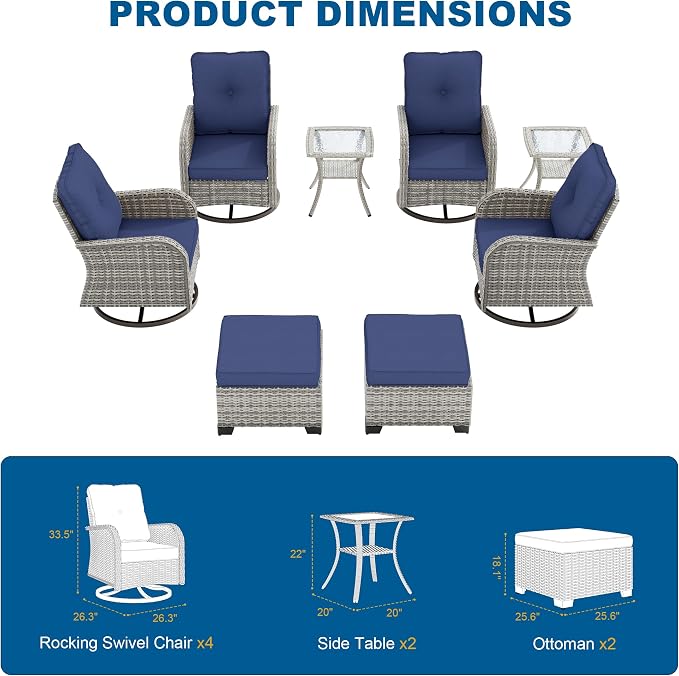 8-Piece Small Patio Furniture Set, Outdoor Swivel Rocking Chairs Set with Ottomans, Patio Bistro Set for Balcony, Deck, Porch, Navy Blue