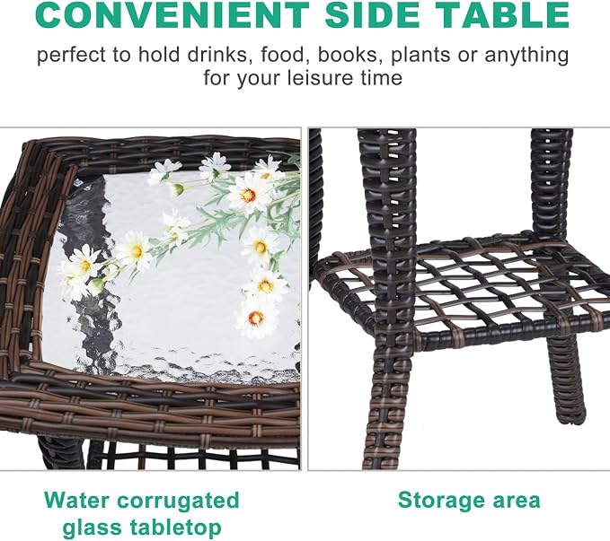 Outdoor Side Table with Storage Wicker Patio Side Table, Tempered Glass Top End Table for Balcony Porch Deck (Brown)