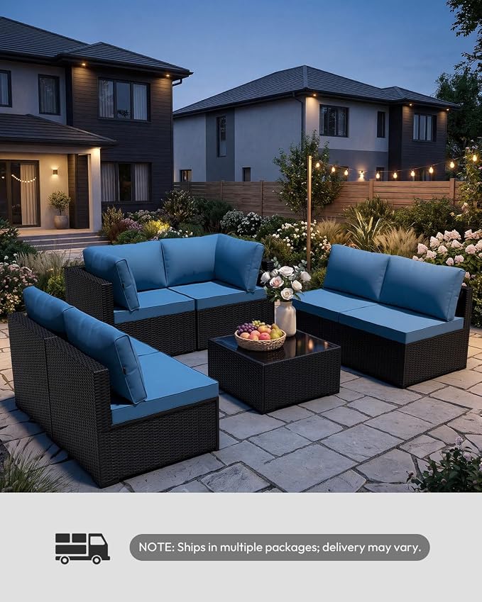 WWR Patio Furniture Set 7 Piece - All-Weather - Wicker Rattan Patio Outdoor Conversation Set, Modular Sectional Sofa for Backyard, Garden, Poolside, Balcony, Porch, Patio, Black/Navy Blue