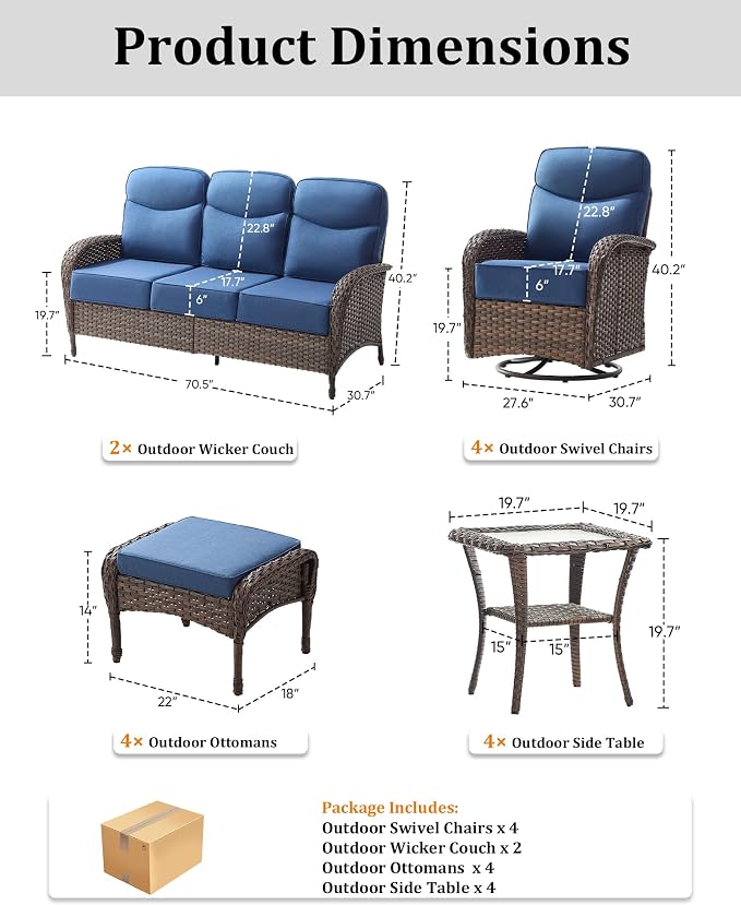 14-Piece Luxury Patio Furniture Set with 6-inch Thick Cushion,Outdoor Wicker Sofa Couch Set of 2 & Swivel Rocker Chairs, Conversation Set for Poolside, Deck & Yard - Blue