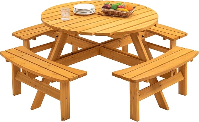 anwickjeff 8-Person Picnic Table and Chairs Set, Outdoor Round Wooden Patio Tables with DIY w/4 Built-in Benches & Umbrella Hole, 2220lbLBS Total Capacity for Patios, Backyard (Natural, 8 Person)