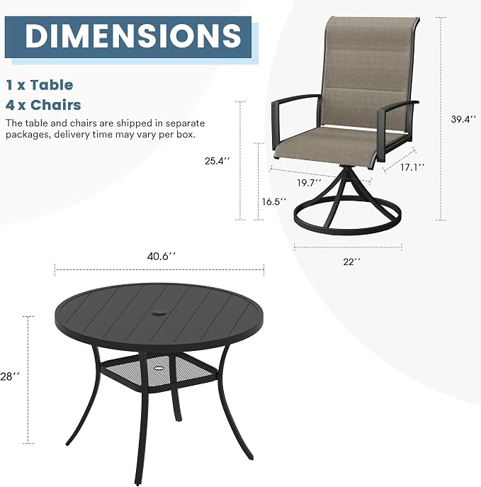 DIFY 5 Piece Outdoor Patio Dining Set for 4, 40.6" Black Round Metal Dining Table and Swivel Patio Chairs with Brown Padded Textilene, All-Weather Outdoor Furniture Set for Garden Backyard Porch
