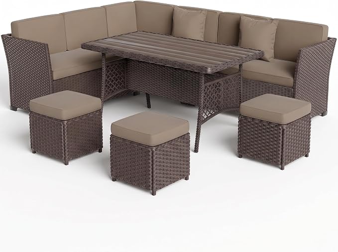 Patio Furniture Set, 7 Pieces Outdoor Dining Sets, All Weather Rattan Conversation Set, Outdoor Dining Sectional Sofa with Large Dining Table, Ottoman (Brown-Camel, A-7 Pieces)