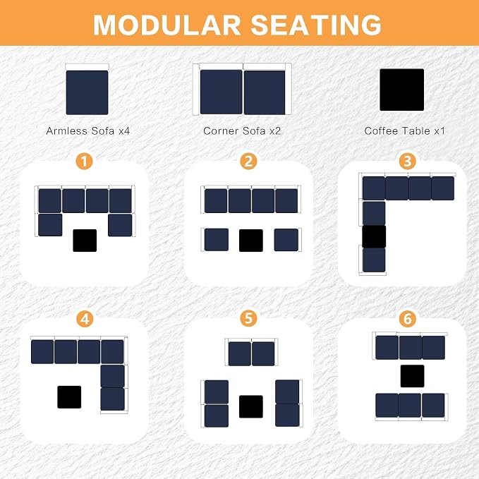 MOCHITO 7 Pcs Outdoor Patio Furniture Sets Grey Rattan Grey Cushions | All-Weather Sectional Sofa, with Glass Table, PE Rattan Wicker Patio Furniture , Washable Cushions, for Balcony Porch Garden
