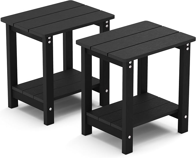 MXIMU Outdoor Side Table Set of 2: Heavy-Duty Sturdy Warp Resistant Adirondack Table - Wood Grain Finish Outdoor End Tables - Easy Assembly & Low Maintenance Patio Side Table Black