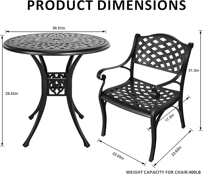 5 Piece Patio Dining Set, All Weather Cast Aluminum Outdoor Dining Table and Chairs Set of 4, Patio Furniture Conversation Set with 4 Chairs and 30.31" Round Table, 2.36" Umbrella Hole