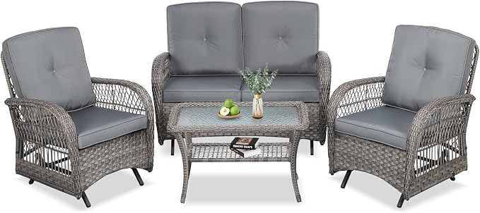 VIVIJASON 4-Piece Outdoor Patio Wicker Conversation Sets, All Weather Outdoor Rattan Furniture Set Includes Glider Loveseat, Coffee Table, 2 Glider Rocker Chairs w/Cushion for Lawn Balcony, Grey