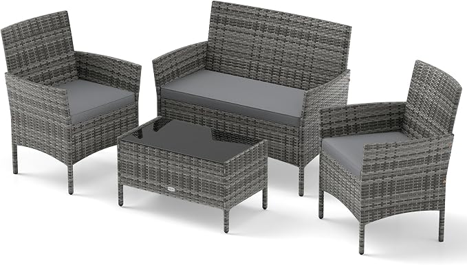 Tangkula 4 Piece Patio Rattan Conversation Set, Outdoor Wicker Furniture Set with Chair, Loveseat & Tempered Glass Table, Cozy Seat Cushions, Outside Sectional Sofa Set for Backyard, Porch