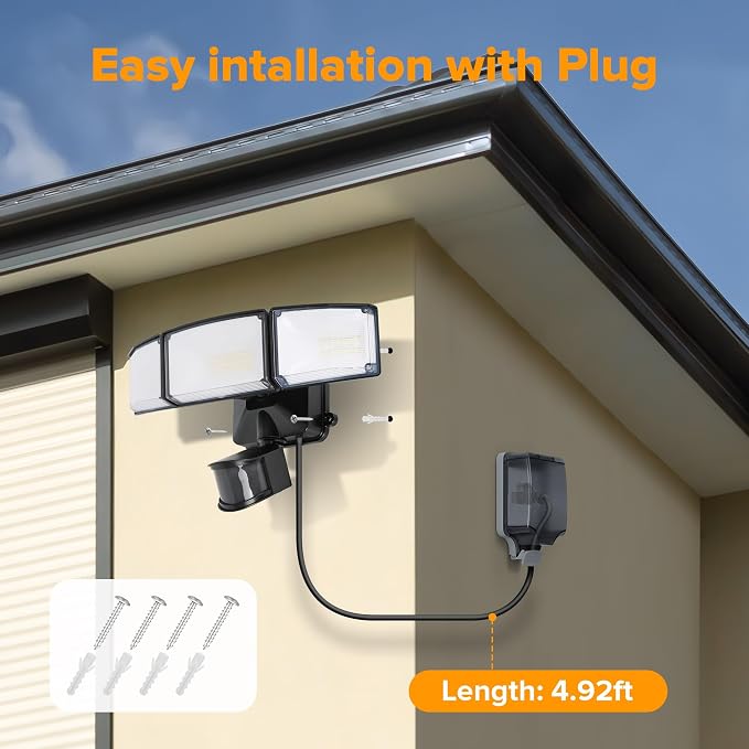 LUTEC 50W Motion Sensor Outdoor Lights, 5500 LM Plug in Flood Light Outdoor, Dusk to Dawn, IP65 Waterproof Security Lighting, 5000K Daylight, Adjustable Wall-Mounted for Garage, Yard, Porch (Black)