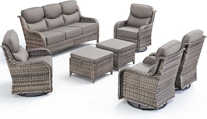 Luxury 7 Pieces Outdoor Patio Furniture Set-All Weather Wicker Outdoor Furniture with Swivel Rocker Patio Chairs 6-inch Extra Thick Cushions Wicker Conversation Set for Garden Porch(Grey/Grey)